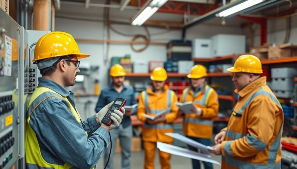 A well-lit workshop interior with an electrician demonstrating proper safety procedures. In the foreground, a worker in a yellow hard hat and protective gear examines a circuit breaker panel, one hand on a voltmeter. In the middle ground, other electricians in similar attire review safety checklists and discuss best practices. The background features shelves of electrical supplies, tools, and equipment, all neatly organized. The overall scene conveys a sense of professionalism, attention to detail, and a strong commitment to workplace safety.