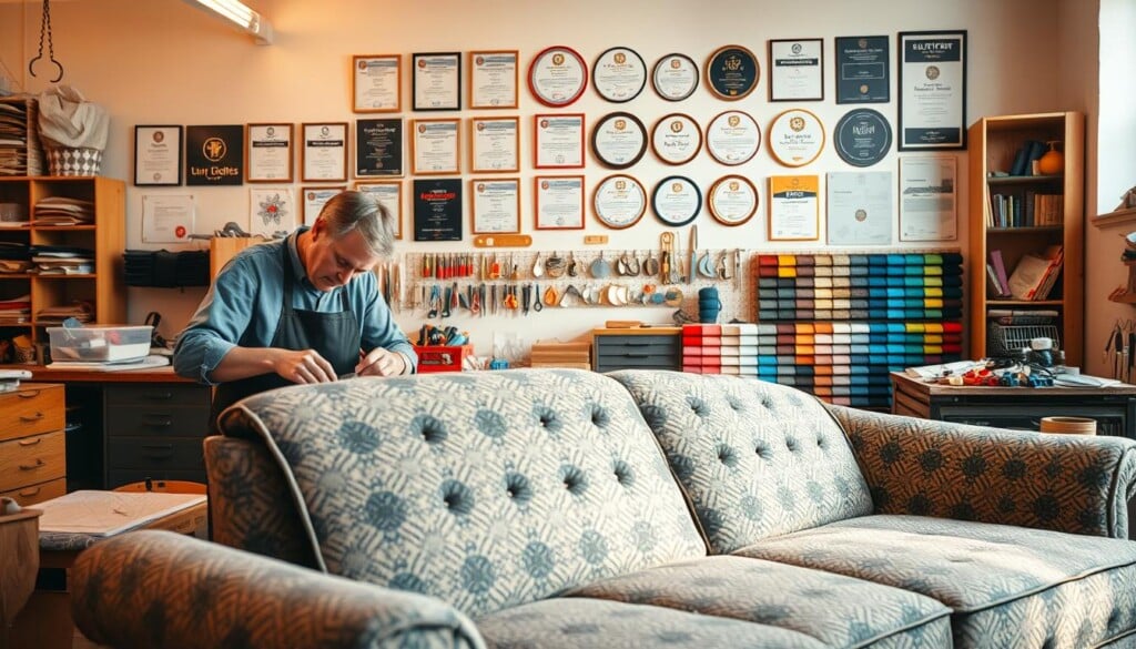 A well-lit workshop with a serene, professional ambiance. In the foreground, a skilled upholsterer carefully inspects a partially disassembled sofa, their hands delicately working on the intricate patterns of the fabric. In the middle ground, a variety of tools and materials are neatly organized, including scissors, needles, threads, and an array of vibrant upholstery samples. The background features a wall adorned with certifications and awards, reflecting the upholsterer's expertise and the company's commitment to quality. Warm, natural lighting casts a soft glow, highlighting the textures and details of the work in progress. The overall scene conveys the meticulous care and attention to detail that goes into the reupholstery process.