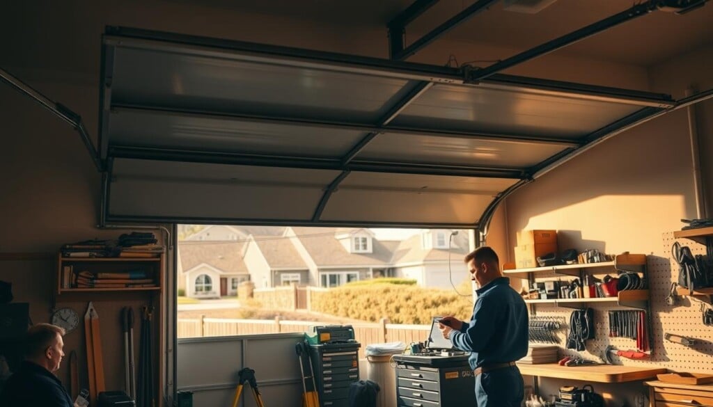 A well-lit workshop with an open garage door revealing a neatly organized workbench and tools. A mechanic in a blue jumpsuit is carefully examining a garage door mechanism, surrounded by shelves stocked with spare parts. The lighting is warm and natural, casting shadows that add depth to the scene. The background features a suburban neighborhood with other homes, suggesting a local garage door repair service catering to the community. The overall atmosphere conveys professionalism, attention to detail, and a dedication to providing high-quality garage door maintenance and repair.