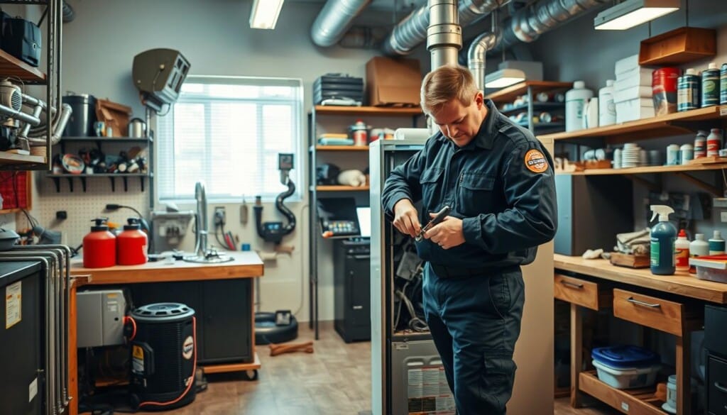 A well-lit workshop with various heating system components neatly arranged on workbenches. In the foreground, a technician in uniform is inspecting a furnace, carefully examining its inner workings with a set of tools. Surrounding the scene, shelves are stocked with replacement parts, lubricants, and maintenance supplies. The room is bathed in a warm, inviting glow, conveying the expertise and care required for proper heating system upkeep. The overall atmosphere is one of professionalism and attention to detail, reflecting the importance of regular maintenance for efficient and reliable home heating.