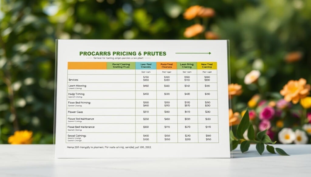 A well-organized and visually appealing pricing chart for professional gardening services, showcased on a clean, minimalist table against a soft, blurred natural background of lush greenery and flowers. The chart features neat rows and columns, with clear pricing tiers for different services like lawn mowing, hedge trimming, flower bed maintenance, and seasonal cleanups. The overall composition conveys a sense of professionalism, attention to detail, and a commitment to transparent, value-driven pricing for customers seeking high-quality gardening expertise.