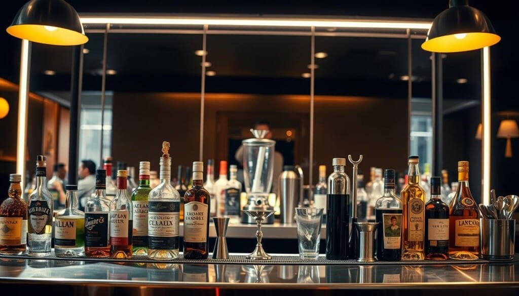 A well-organized bartender's workspace, lit by warm overhead lighting and captured from an angle that highlights the efficient flow of movement. In the foreground, bottles of liquor, glassware, and tools are neatly arranged on a stainless steel counter. In the middle ground, a blender, shaker, and other essential implements are within easy reach. The background features a mirrored wall that reflects the workspace, creating a sense of depth and order. The overall atmosphere conveys a professional, streamlined environment primed for quick and precise cocktail preparation.
