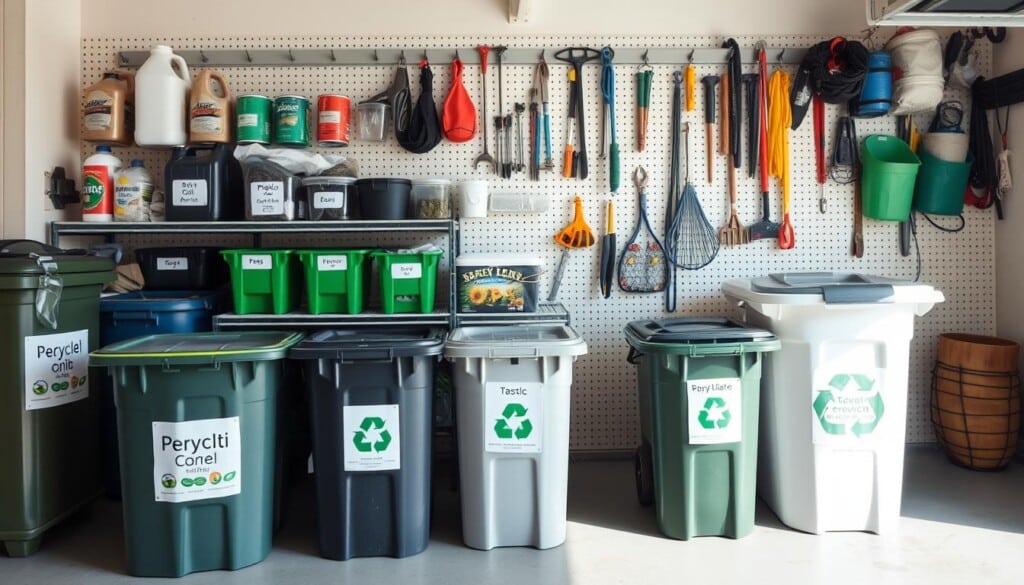A well-organized garage with various recycling bins and storage solutions. In the foreground, a set of neatly labeled bins for different recyclable materials such as paper, plastic, and glass. In the middle ground, shelves with labeled containers for used motor oil, batteries, and e-waste. The background features a pegboard with hooks for hanging tools, gardening equipment, and other repurposed items. The lighting is bright and natural, creating a clean, efficient, and organized atmosphere. The image conveys a sense of environmental consciousness and space optimization within a residential garage setting.