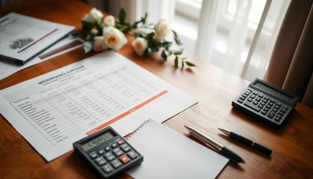 A well-organized spreadsheet on a wooden desk, displaying detailed wedding expense categories and estimated costs. Soft, diffused lighting from a nearby window creates a warm, thoughtful atmosphere. Calculator, pen, and notepad are neatly arranged, conveying a sense of diligent budgeting. In the background, a subtle floral arrangement adds a touch of elegance, hinting at the joyous occasion to come. The overall scene reflects a careful, methodical approach to managing wedding finances, ready to guide the viewer through the important task of budgeting for their special day.