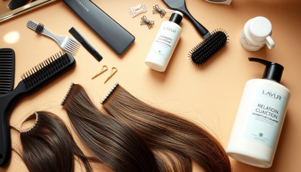A well-organized vanity top with brushes, combs, hair clips, and hair extension maintenance tools like a detangling brush, leave-in conditioner, and sulfate-free shampoo. A soft, diffused lighting illuminates the arrangement, highlighting the texture and sheen of the hair extensions. The background is a warm, neutral color, creating a serene and inviting atmosphere, perfect for illustrating the "Maintenance Tips for Hair Extensions" section of the article.