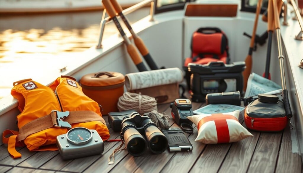 A well-stocked boat, with a variety of essential gear neatly arranged on a wooden dock. In the foreground, a life jacket, compass, binoculars, and a waterproof first-aid kit gleam in the warm, golden lighting. In the middle ground, a coil of sturdy rope, a signaling mirror, and a pair of thick gloves sit alongside a map and a handheld radio. In the background, a pair of oars lean against the boat's sleek hull, while a trusty anchor and a collapsible fishing rod complete the scene. The overall atmosphere exudes a sense of preparedness and adventure, perfectly suited for a safe and enjoyable water-based excursion.