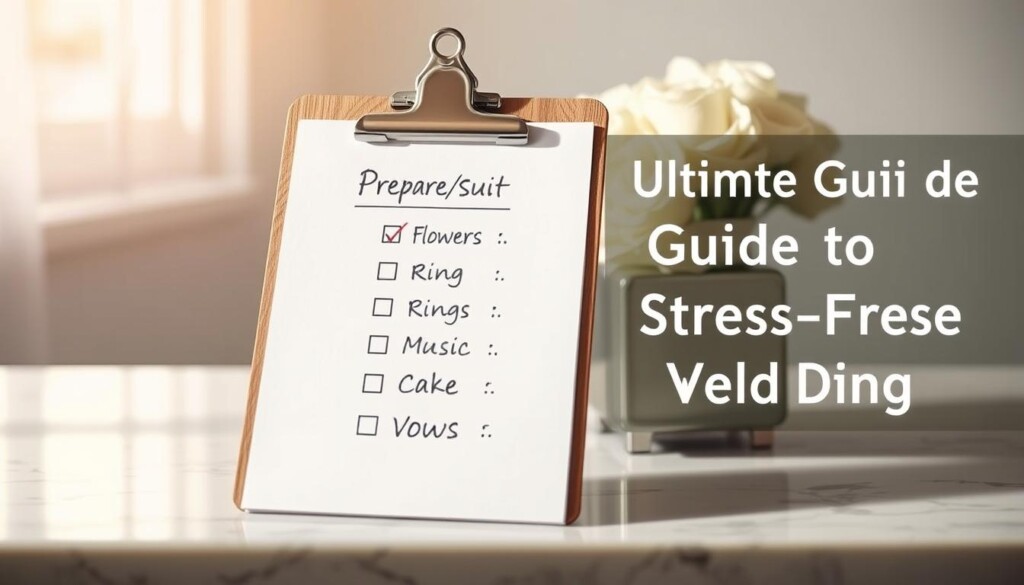A white, wooden clipboard with a checklist of wedding day tasks, including "Dress/Suit", "Flowers", "Rings", "Cake", "Music", and "Vows". The clipboard is set on a smooth, marble or granite surface, with a soft, natural light illuminating the scene. The background is blurred, creating a clean, minimalist focus on the checklist. The image conveys a sense of organized preparation and attention to detail, reflecting the "Preparing for the Big Day" section of the "Ultimate Guide to Stress-Free Wedding Planning" article.
