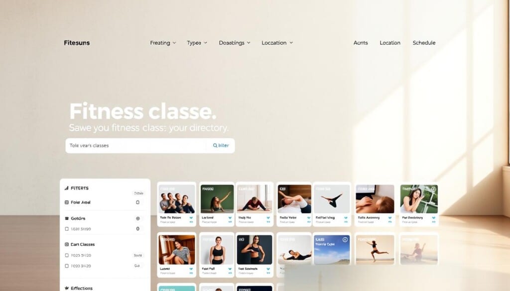 A wide, high-resolution image of a modern, user-friendly fitness class directory website, with a clean and minimalist design. The foreground features a prominent search bar and filters to browse available classes by type, location, and schedule. The middle ground showcases a grid of class thumbnails, each with an image, title, and brief description. The background has a subtle, abstract pattern or texture, creating a sense of depth and sophistication. The lighting is soft and natural, with a warm, welcoming color palette. The overall atmosphere conveys a sense of ease, accessibility, and motivation for users to discover and join fitness classes in their local area.