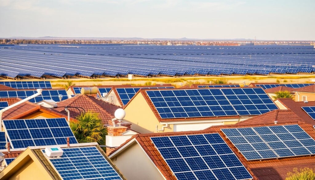 A wide range of solar installation options, from large-scale solar farms to rooftop panels on residential homes. In the foreground, a variety of solar panel types and mounting systems, showcasing the diversity of available technologies. In the middle ground, a commercial-scale rooftop installation, with panels seamlessly integrated into the building's architecture. In the background, a sprawling utility-scale solar plant, with rows of panels stretching out towards the horizon, bathed in warm, golden sunlight. The scene conveys the versatility and scalability of solar power, highlighting the different applications and deployment scales that can meet the energy needs of both individuals and communities.