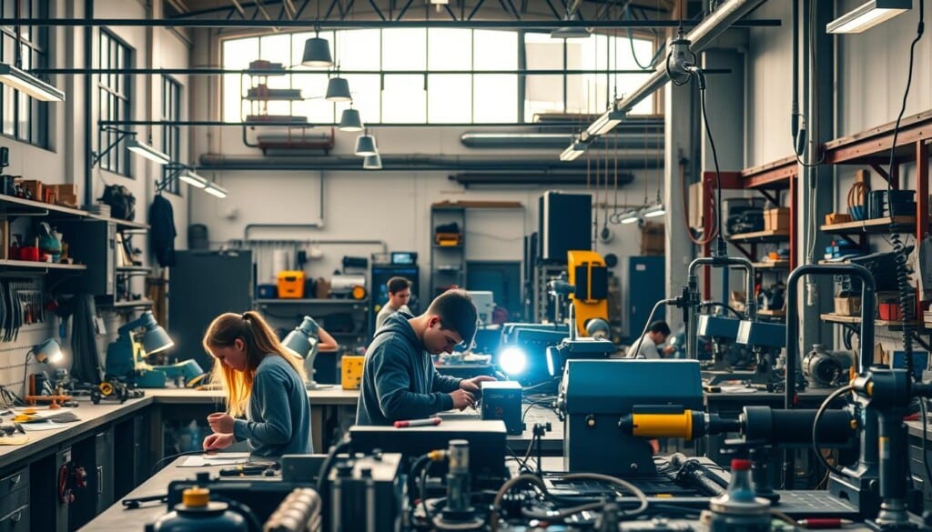 A workshop filled with various tools and equipment, casting a warm glow under soft, natural lighting. In the foreground, a group of students intently focus on their projects, their faces illuminated by the workbench lights. The middle ground showcases an array of vocational instruments, from welding torches to precision machinery, neatly organized and ready for use. The background depicts a modern, well-equipped vocational training facility, with high ceilings, large windows, and a sense of productivity and innovation. The overall atmosphere conveys the hands-on, skill-driven nature of vocational programs, where individuals can unlock their potential and gain valuable, in-demand expertise.