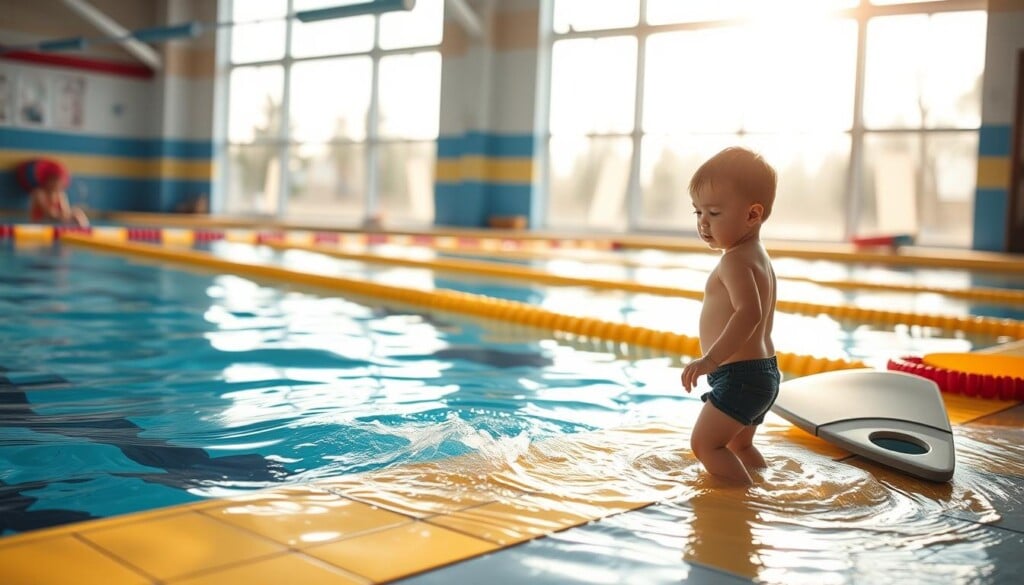 A young person standing by the edge of a swimming pool, nervously dipping their toes in the cool water. The pool is surrounded by brightly colored tiles, with a few kickboards and swim toys scattered nearby. Sunlight streams in through large windows, casting a warm glow over the scene. The person's expression is a mix of trepidation and excitement, as they prepare to take their first steps into the water and embark on their swimming journey. The atmosphere is welcoming and encouraging, setting the stage for a positive and enriching learning experience.