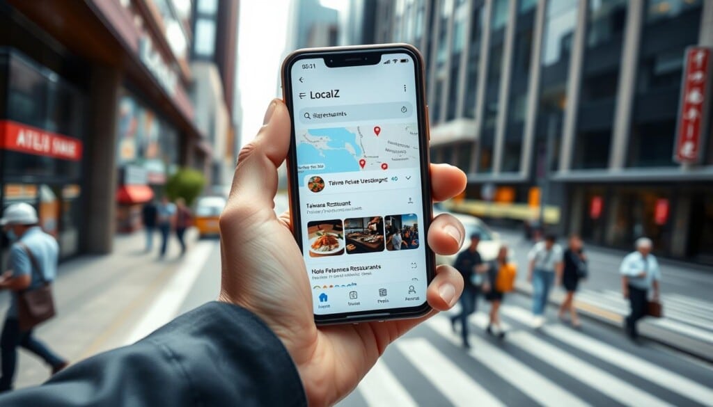 An aerial view of a modern city street, with a focus on a smartphone screen displaying the LocalZ app interface. The app's homepage is prominently featured, showcasing a search bar, map, and recommendations for nearby Taiwanese restaurants. The smartphone is held by a well-dressed person, their hand and arm visible in the foreground, creating a sense of interactivity. The background is blurred, but hints at a bustling urban environment with skyscrapers and pedestrians. Soft, natural lighting casts a warm glow on the scene, emphasizing the ease and convenience of using the app to discover authentic Taiwanese cuisine.