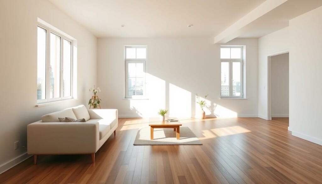 An airy and minimalist unfurnished apartment, bathed in warm natural light filtering through large windows. The open-concept layout features bare white walls and hardwood floors, accentuating the spacious feel. A few scant furnishings dot the scene - a sleek modern couch, a simple wooden coffee table, and a lone potted plant adding a touch of greenery. The ambiance is one of calm serenity, inviting the viewer to imagine the possibilities of transforming this blank canvas into a personalized living space. Shadows cast by the sun's rays create a sense of depth, while the overall mood evokes the freedom and flexibility of unencumbered living.