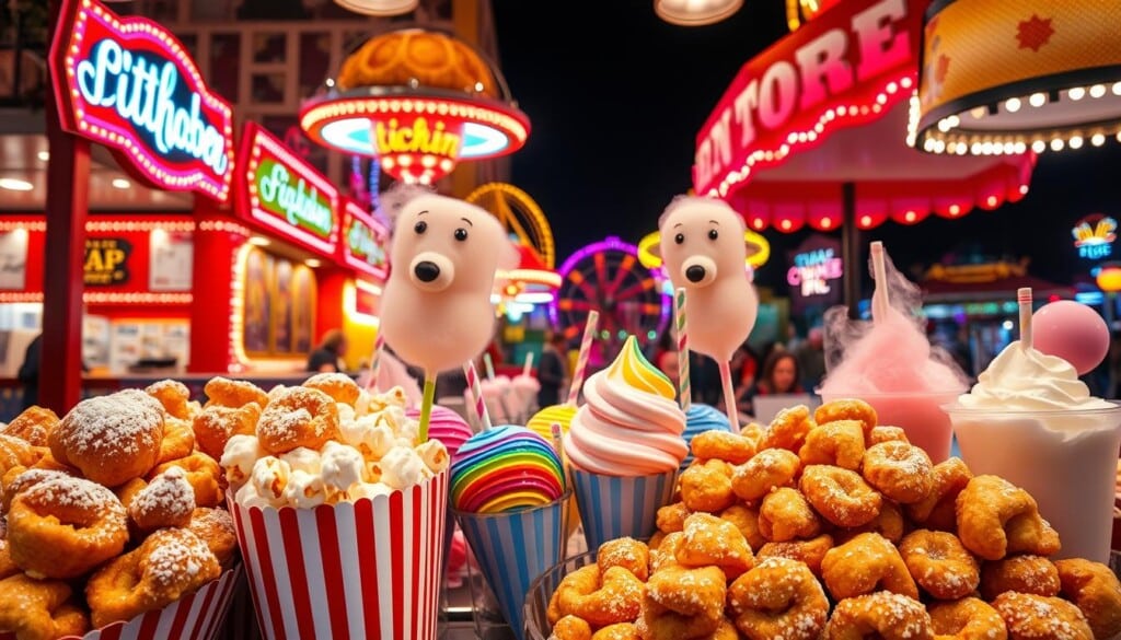 An amusement park food stall, brightly illuminated by neon signs and warm overhead lighting, showcases an array of classic treats. In the foreground, crisp, golden funnel cakes dusted with powdered sugar sit alongside steaming, freshly popped popcorn in striped bags. In the middle ground, colorful candy apples and fluffy cotton candy swirls vie for attention, while behind them, a rainbow of snow cones and shaved ice in ice-cold glasses tempt passersby. The background features the vibrant colors and whimsical atmosphere of the park, with distant rides and attractions visible. The overall scene evokes the nostalgic, indulgent spirit of an amusement park, capturing the joy and excitement of delicious, indulgent fair food.