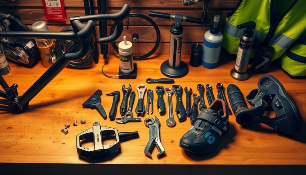 An array of essential bike gear arranged on a wooden workbench, bathed in warm, directional lighting. In the foreground, a sleek carbon-fiber frame, handlebars, and pedals sit alongside a pair of high-performance cycling shoes. In the middle ground, a selection of tools - a multi-tool, a chain tool, and a set of hex wrenches - are neatly organized. In the background, a sturdy bike pump, a water bottle, and a reflective safety vest create a sense of completeness. The overall scene conveys a sense of preparedness and attention to detail, perfectly suited for the "Essential Gear to Look for at Bike Stores" section.