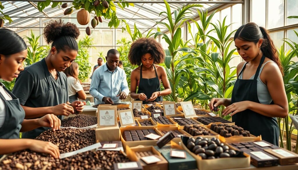 An artfully composed scene of eco-friendly chocolatiers, capturing their commitment to sustainability. In the foreground, a group of diverse chocolatiers carefully crafting decadent confections, their hands adorned with fair-trade cocoa beans and organic cacao nibs. The middle ground showcases a vibrant, sun-dappled display of carefully packaged chocolates, wrapped in compostable materials and adorned with hand-drawn labels. In the background, a lush, verdant greenhouse filled with thriving cacao plants, illuminated by soft, natural lighting filtering through large windows. An atmosphere of tranquility, innovation, and environmental stewardship pervades the scene.