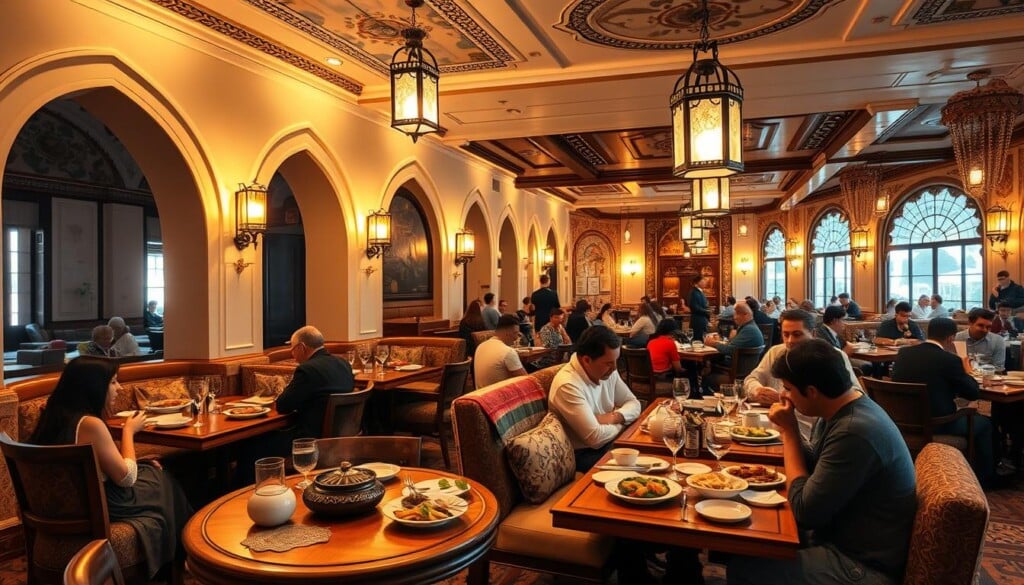 An elegant Turkish restaurant interior with soft, warm lighting casting a cozy glow. Wooden tables adorned with traditional Turkish textiles and ceramics, surrounded by arched doorways and intricate tile patterns. In the foreground, a group of diners enjoying a lively conversation over steaming plates of fragrant Turkish cuisine. The middle ground features plush, cushioned seating and decorative lanterns hanging from the ceiling. The background showcases a panoramic view of the restaurant, with ornate architectural details and a serene, welcoming ambiance.