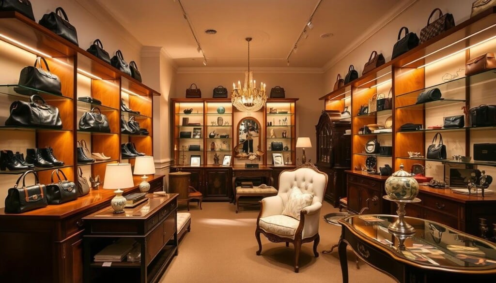 An elegant and well-curated consignment shop, the warm lighting casting a soft glow over the meticulously arranged displays. High-end designer handbags, shoes, and accessories sit atop sleek wooden shelves, while antique furniture and vintage decor pieces fill the middle ground. The background features a neutral color palette, allowing the premium merchandise to take center stage. A sense of refinement and exclusivity permeates the scene, inviting discerning shoppers to discover unique, pre-owned treasures at a fraction of their original cost.