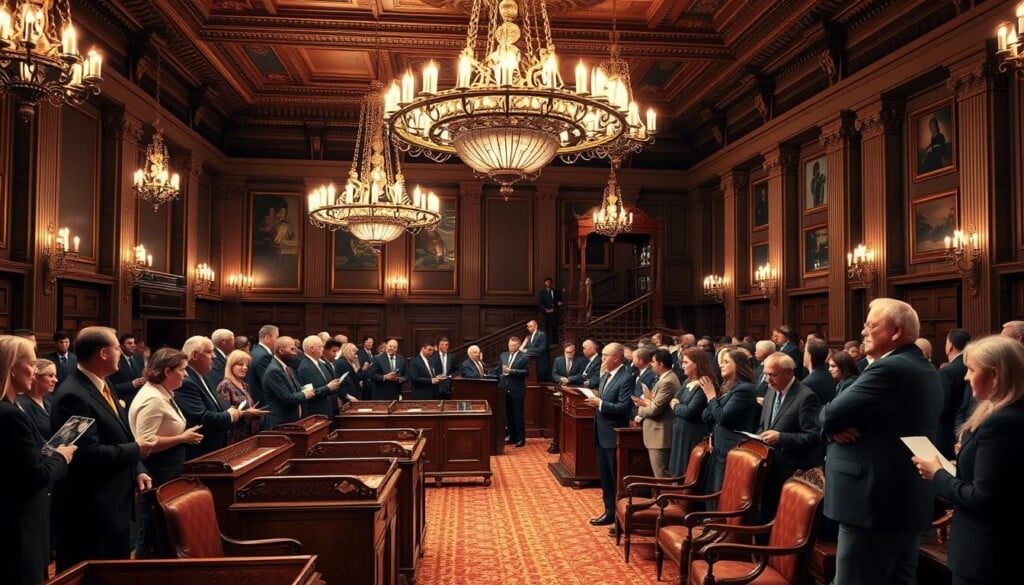An elegant auction hall with ornate chandeliers casting a warm glow over rows of mahogany furniture. Bidders in formal attire stand attentively, paddles in hand, as the auctioneer's voice echoes through the room, describing each item with enthusiasm. The air is charged with anticipation as bids are placed, hands raised in a choreographed dance. In the background, ornate columns and a grand staircase hint at the history and grandeur of the prestigious auction house. The scene exudes a sense of tradition, refinement, and the thrill of acquiring rare and valuable treasures.