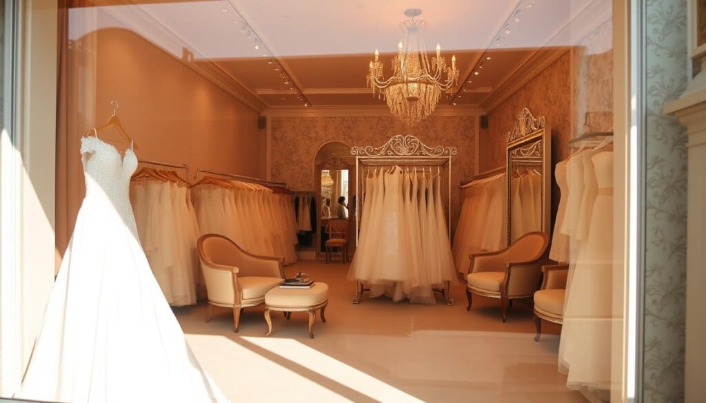 An elegant bridal boutique, sunlit and inviting, with a display window showcasing a stunning gown in the foreground. Inside, the space is warm and intimate, with soft lighting casting a romantic glow on the array of dresses hanging on ornate racks. Plush seating and mirrored dressing areas create a personalized shopping experience, while the background features a subtle floral wallpaper that adds a touch of whimsy. The overall atmosphere exudes a sense of luxury and exclusivity, reflecting the care and attention devoted to helping brides-to-be find their perfect dress.