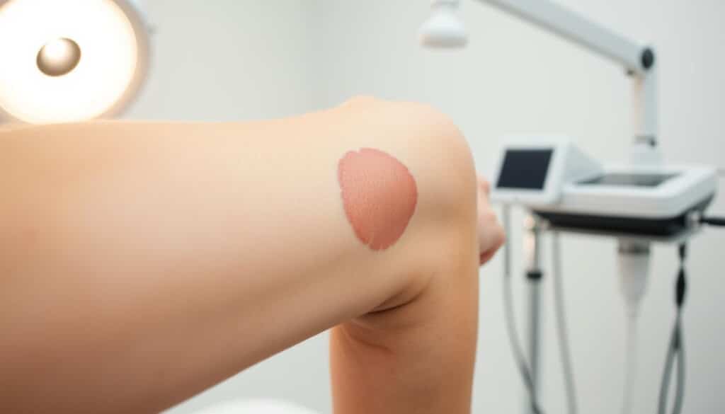 An elegant, clinical photography setup of professional tattoo removal benefits. A person's arm in the foreground, with a faded, partially removed tattoo that is progressively healing and fading away. Soft, diffused lighting from the side emphasizes the texture of the skin. The background is a clean, white studio setup, with medical equipment and tools subtly visible, conveying a sense of expertise and care. The overall mood is one of calm, precision, and the gradual restoration of the skin to its natural state.
