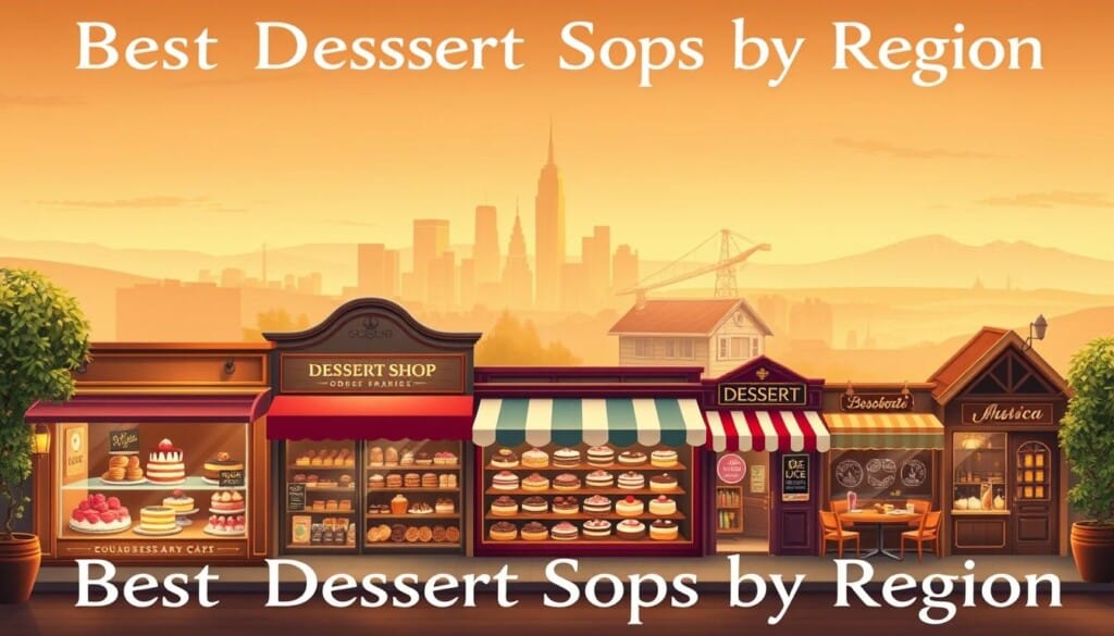 An elegant, detailed illustration depicting the "Best Dessert Shops by Region" across the United States. A panoramic landscape view showcases various dessert shops in different geographical settings, from cozy urban cafes to rustic countryside bakeries. The foreground features beautifully rendered pastries, cakes, and other sweet treats displayed in the shop windows, enticing the viewer. The middle ground shows the unique architectural styles and vibrant signage of each establishment, highlighting their regional diversity. In the background, a softly blurred cityscape or pastoral scene sets the tone, conveying a sense of warmth, comfort, and indulgence. Warm, inviting lighting casts a golden glow over the entire scene, creating an atmosphere of culinary delight. Photorealistic in quality, the image captures the essence of America's top dessert destinations.