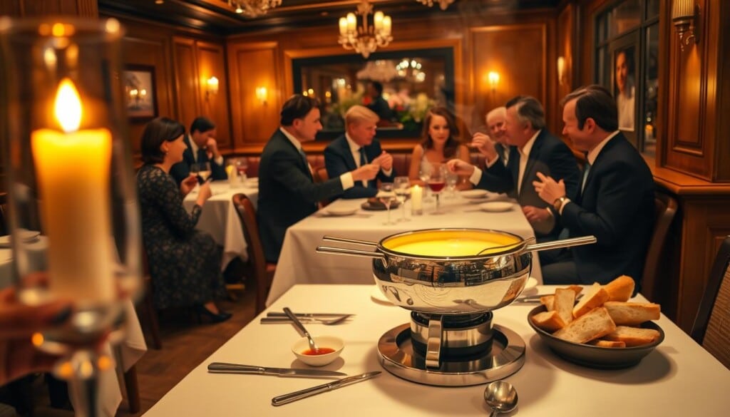An elegant fondue setting at a refined restaurant, with glowing candlelight and a cozy, sophisticated ambiance. In the foreground, a pristine white tablecloth, a gleaming silver fondue pot, and neatly arranged accoutrements - skewers, dipping sauces, and fresh bread. The middle ground features well-dressed patrons engaged in lively conversation, observing proper etiquette as they dip and savor the rich, melted cheese. The background captures the restaurant's warm, wood-paneled walls, soft lighting, and inviting atmosphere, evoking a sense of refined indulgence.