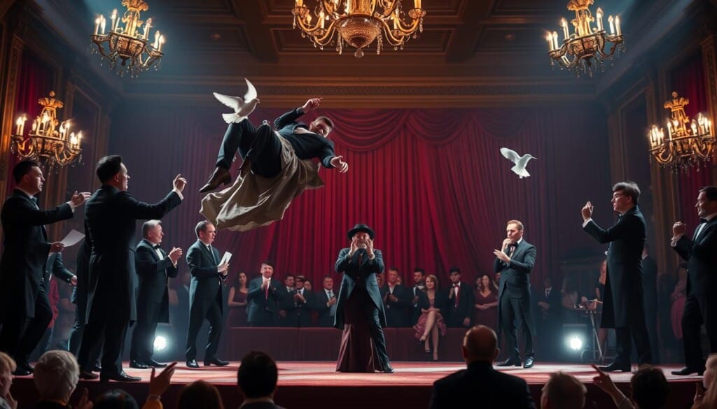 An elegant group of magicians performing a variety of illusions, from sleight of hand and card tricks to grand stage illusions, all set against a rich, theatrical backdrop. In the foreground, a skilled illusionist levitates a person, their robes billowing dramatically. Around them, other magicians conjure doves from thin air, make objects disappear, and astound with mesmerizing feats of prestidigitation. The middle ground features a magician sawing a woman in half, while in the background, a grand stage is set with curtains, ornate chandeliers, and an awestruck audience. Dramatic lighting casts shadows and highlights the magicians' captivating displays of wonder and mystery.