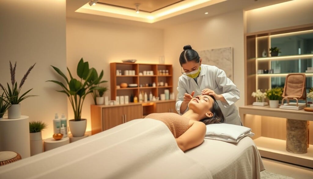 An elegant medical spa interior with warm, soothing lighting and clean, modern decor. In the foreground, a woman relaxes on a plush massage table, receiving a rejuvenating facial treatment from a skilled technician. In the middle ground, an array of natural skincare products and therapeutic tools are neatly displayed. The background features serene, minimalist design elements like potted plants, soft textiles, and natural stone accents, conveying a tranquil, restorative atmosphere. Overall, the scene captures the revitalizing experience and tangible benefits of visiting a premier medical spa.