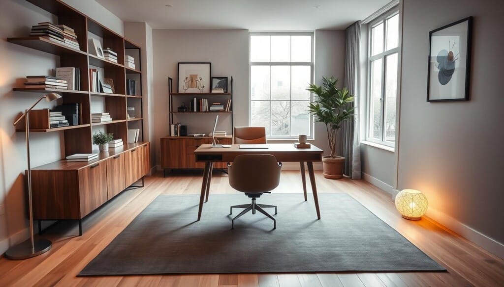 An elegant, minimalist home office with a wooden desk, a plush leather chair, and a large window flooding the space with natural light. Geometric shelves on the walls display carefully curated books and decor. A sleek, slate-gray area rug anchors the room, while a floor lamp with a warm, golden glow casts a cozy ambiance. The overall atmosphere exudes a sense of productivity and thoughtful, intentional design, perfect for budgeting and planning an interior design project.