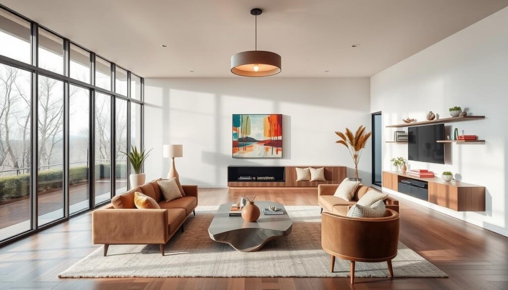 An elegant modern living room with floor-to-ceiling windows, allowing natural light to flood the space. Sleek mid-century modern furniture in muted earth tones, such as a low-profile sofa and armchairs, complement the minimalist aesthetic. Pops of vibrant color in the form of abstract wall art and plush throw pillows add visual interest. A sculptural coffee table and floating shelves display curated décor pieces. Soft ambient lighting from recessed ceiling fixtures and a statement pendant lamp create a cozy, inviting atmosphere. The room showcases a harmonious blend of clean lines, natural materials, and contemporary design elements that embody the current interior design trends in the United States.