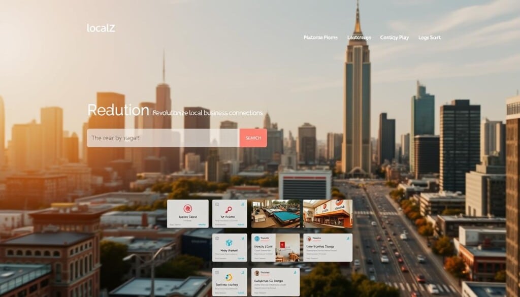 An elegant, modern-looking website interface showcasing the "LocalZ Business Directory" - a sleek, intuitive platform designed to revolutionize local business connections. The foreground features a clean, minimalist layout with a prominent search bar and category filters, inviting users to easily browse and discover nearby services. The middle ground presents a grid of clickable business cards, each showcasing a company's logo, name, and brief description against a subtle background pattern. In the distance, a cityscape with towering skyscrapers and bustling streets sets the scene, illuminated by warm, natural lighting that casts a soft, inviting glow over the entire composition. The overall aesthetic conveys a sense of professionalism, efficiency, and community-driven innovation.