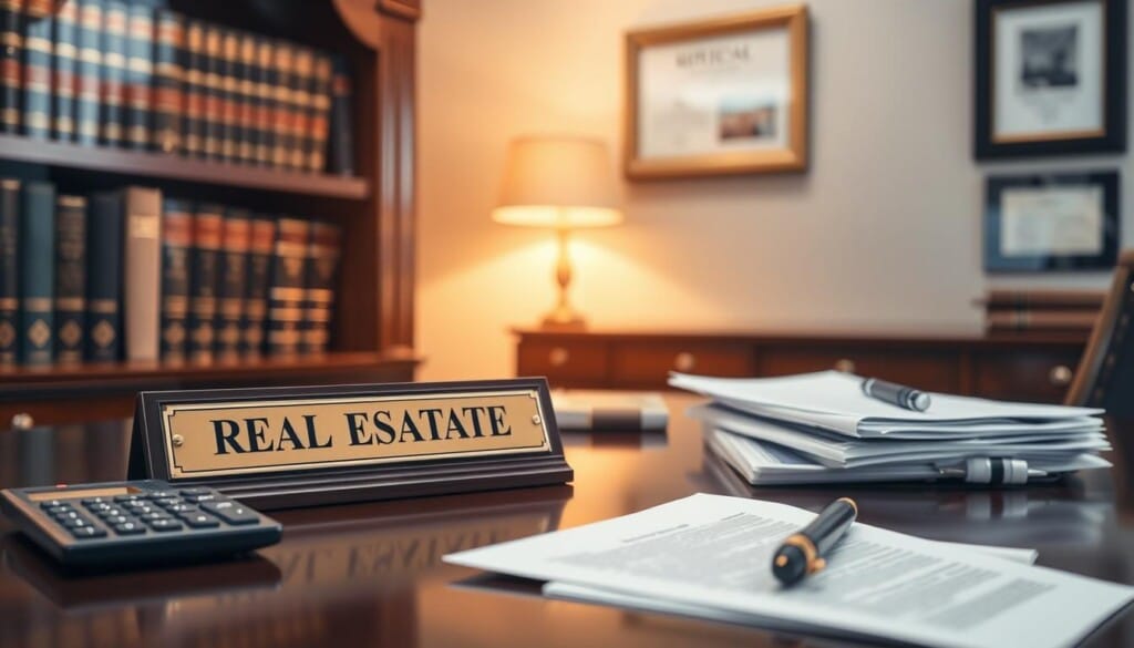 An elegant office desk with a nameplate reading "Real Estate Attorney", a calculator, a pen, and a stack of documents neatly arranged. The lighting is warm and inviting, casting a soft glow over the scene. In the background, a bookshelf filled with law books and a framed certificate on the wall. The overall atmosphere conveys a sense of professionalism, expertise, and attention to detail, reflecting the specialized services of a real estate attorney.