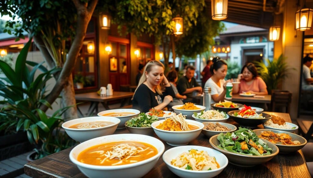 An elegant outdoor cafe scene in a bustling Laotian neighborhood, with lush greenery and traditional architectural details in the background. In the foreground, a group of diners enjoying an array of authentic Laotian dishes - steaming noodle bowls, fragrant curries, and vibrant salads, all presented with care on wooden tables. The lighting is warm and inviting, creating a cozy, convivial atmosphere. The scene is captured with a shallow depth of field, keeping the focus on the delectable food and the satisfied expressions of the patrons. The overall impression is one of rich cultural heritage, delicious flavors, and a welcoming community spirit.