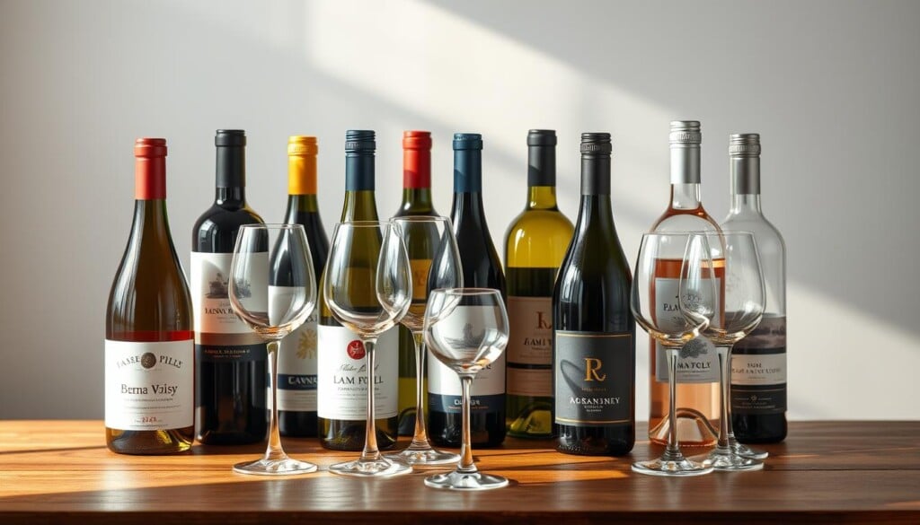 An elegant, photorealistic still life showcasing a diverse array of wine bottles and glasses on a wooden table. The foreground features several premium wine bottles, each with a distinct label and color palette, reflecting the diverse varietals and regions. In the middle ground, crystal wine glasses are arranged, capturing the light and refracting it through the transparent glass. The background depicts a serene, neutral-toned backdrop, drawing the viewer's focus to the wine-themed subject. Soft, natural lighting illuminates the scene, creating a warm, inviting atmosphere. The overall composition conveys a sense of refinement, expertise, and the complexities inherent in the world of wine.