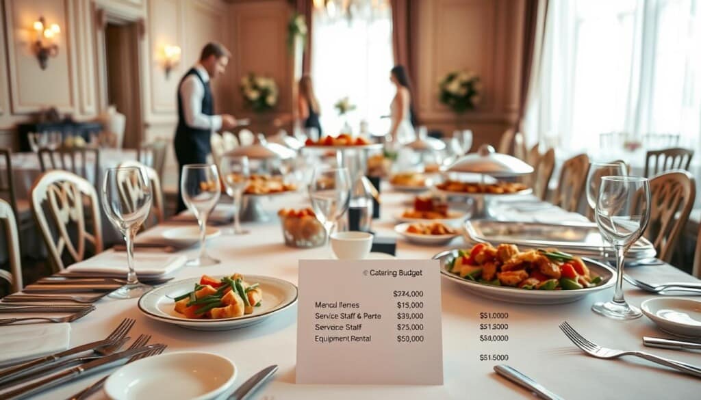 An elegant table set with fine china, crystal glassware, and silverware, showcasing a sumptuous spread of gourmet catering options. The foreground features a detailed breakdown of the catering budget, with itemized costs for different menu items, service staff, and equipment rental. The middle ground captures the graceful movements of servers presenting the dishes, while the background depicts a serene, light-filled event space with tasteful decor. Warm, soft lighting creates a welcoming atmosphere, inviting guests to savor the culinary delights and appreciate the thoughtful planning behind the catering services.