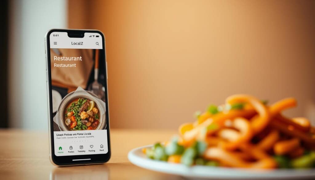 An elegantly designed mobile app interface showcasing the LocalZ restaurant discovery platform. In the foreground, a vibrant food photograph draws the eye, surrounded by a minimalist UI with clean typography and intuitive icons. The middle ground features a restaurant listing section with detailed profiles and ratings, inviting the user to explore. The background subtly fades into a soft gradient, creating a calming atmosphere that enhances the app's user experience. Warm lighting and a subtle depth of field lend a professional, high-quality aesthetic to the entire scene, reflecting the platform's role in simplifying the search for exceptional dining experiences.