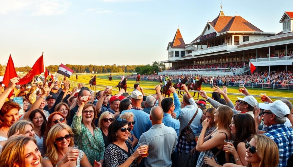 An enthusiastic crowd gathers at a lively horse racing event, cheering on their favorite thoroughbreds as they thunder down the track. In the foreground, a diverse group of spectators excitedly wave banners and share celebratory drinks, their faces alight with joy and anticipation. The mid-ground features the racetrack itself, with sleek, powerful horses and their skillful jockeys navigating the course under the warm, golden glow of the afternoon sun. In the background, grand Victorian-style grandstands and stately trees frame the scene, creating a sense of tradition and community. The overall atmosphere is one of camaraderie, excitement, and a deep appreciation for the thrilling sport of horse racing.