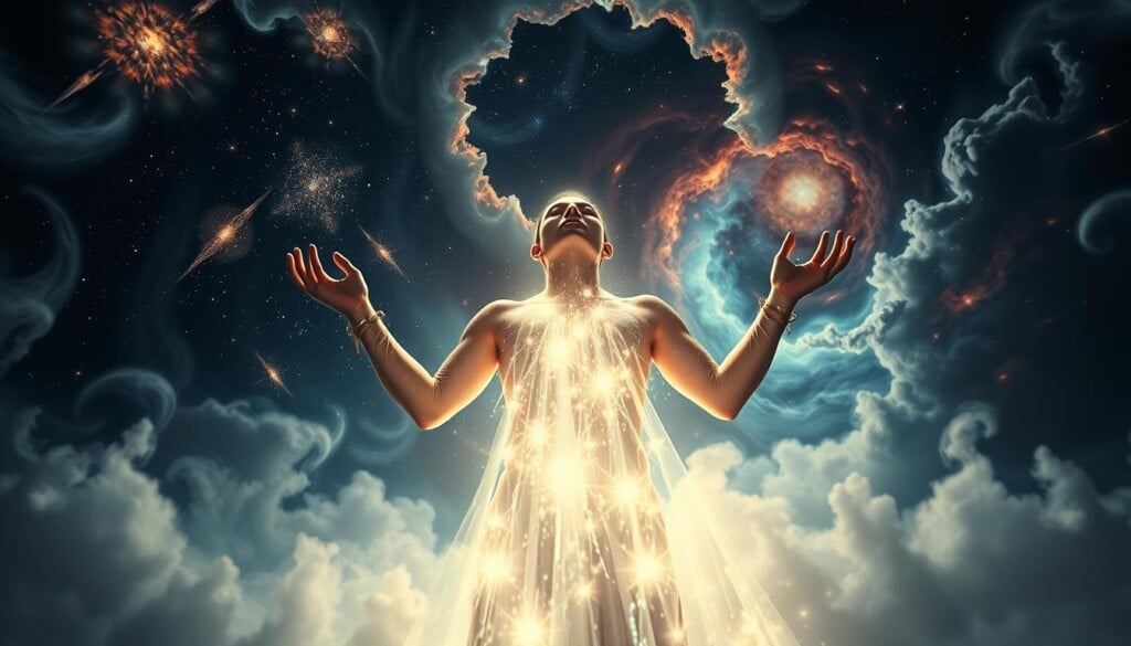 An ethereal figure emerges from swirling cosmic energy, hands outstretched in a gesture of profound connection. Shimmering light cascades across their form, casting an otherworldly glow. In the background, a tapestry of celestial phenomena unfolds - nebulae, stars, and portals to unseen dimensions. The scene evokes a sense of transformative psychic awakening, a pivotal moment where the veil between the physical and the metaphysical is parted, revealing the extraordinary within the everyday. Dramatic, cinematic lighting casts dramatic shadows, heightening the sense of mystique and wonder. Captured through an ultra-wide angle lens, the composition draws the viewer into this kaleidoscopic vision of psychic transformation.