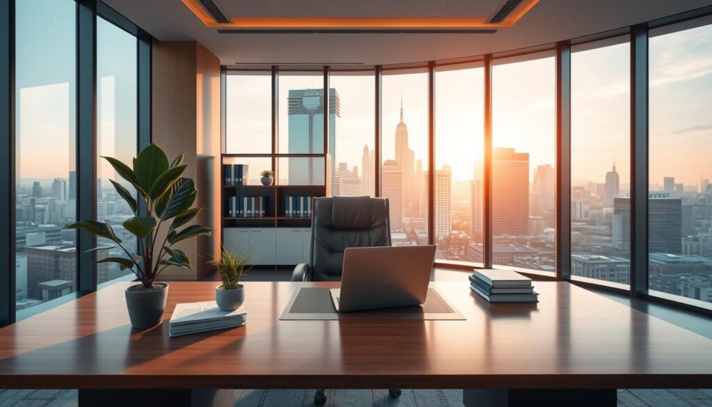 An executive office leasing process, captured in a photorealistic style. A modern, well-lit executive suite, with a large desk in the foreground, adorned with a potted plant, a laptop, and a stack of documents. In the middle ground, a leather executive chair facing the desk, and a bookshelf with neatly organized volumes. The background showcases floor-to-ceiling windows, offering a panoramic view of a bustling city skyline, bathed in warm, golden afternoon light. The atmosphere exudes professionalism, sophistication, and the promise of a productive work environment.