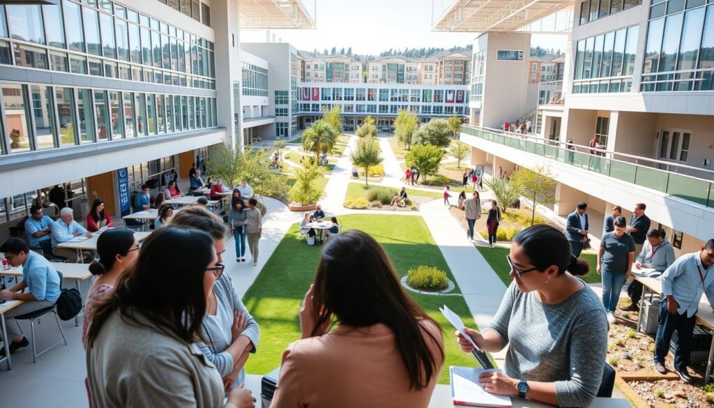 An expansive campus with modern architecture, featuring diverse student bodies engaging in hands-on learning. A vibrant community college setting, with well-equipped classrooms, state-of-the-art labs, and inviting common areas. Sunlight streams through large windows, illuminating the collaborative spirit as students from all walks of life work together. In the foreground, a group of adult learners discuss course materials, their faces alight with enthusiasm. The middle ground showcases various programs, from vocational training to transfer pathways, reflecting the breadth of opportunities. In the background, the campus grounds are meticulously maintained, with lush greenery and pathways connecting the different facilities, creating a welcoming and inclusive environment.