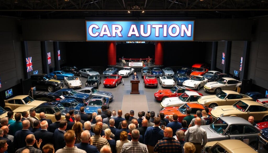 An expansive car auction house, its facade adorned with neon signage and gleaming luxury vehicles on display. In the foreground, a crowd of bidders and onlookers gathers, their expressions a mix of anticipation and excitement. The interior space is bathed in warm, inviting lighting, highlighting the diverse selection of classic, vintage, and modern automobiles arranged in neat rows. In the background, the auctioneer's podium stands tall, ready to lead the high-stakes proceedings. The overall atmosphere exudes a sense of automotive enthusiasm and the thrill of the chase, capturing the essence of a popular car auction house.