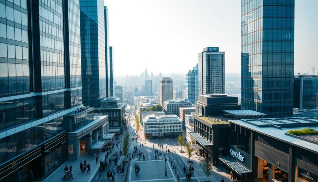 An expansive commercial district with towering skyscrapers, bustling sidewalks, and a vibrant energy. Sleek glass facades and modern architectural designs dominate the skyline, casting long shadows across the busy streets below. In the foreground, people navigate the urban landscape, passing by upscale retail stores, trendy restaurants, and modern office buildings. The middle ground features a mix of high-end commercial properties, each strategically situated to capitalize on foot traffic and visibility. The background is a panoramic view of the city, showcasing the importance of prime location for commercial real estate success. Soft, diffused lighting creates a polished, professional atmosphere, emphasizing the sophisticated nature of this thriving commercial hub.