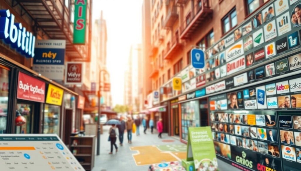 An expansive online business directory, showcasing diverse local shops and services. The foreground features a vibrant interface with interactive icons and intuitive search functions, inviting users to explore. The middle ground depicts a rich tapestry of business logos and thumbnails, each representing a unique local establishment. The background subtly fades into a warm, urban landscape, conveying a sense of community and commercial vitality. The lighting is soft and diffused, creating a welcoming atmosphere. The lens captures a wide, panoramic view, emphasizing the comprehensive nature of the directory. Overall, the image radiates a sense of discovery, connectivity, and the empowerment of local businesses in the digital age.