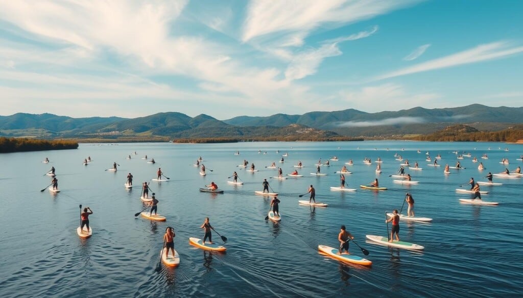 An expansive paddleboarding event set against a serene lake, with competitors gracefully gliding across the calm, reflective waters. The foreground features a dynamic group of athletes in vibrant active wear, maneuvering their boards with skill and precision. The middle ground showcases a range of paddleboarding disciplines, from racing to yoga and freestyle demonstrations. In the background, a picturesque landscape unfolds, with lush green hills and a clear, blue sky dotted with wispy clouds. The scene is illuminated by warm, diffused natural lighting, creating a sense of energy and vitality. The overall atmosphere conveys the joy, camaraderie, and adventurous spirit of the paddleboarding community.