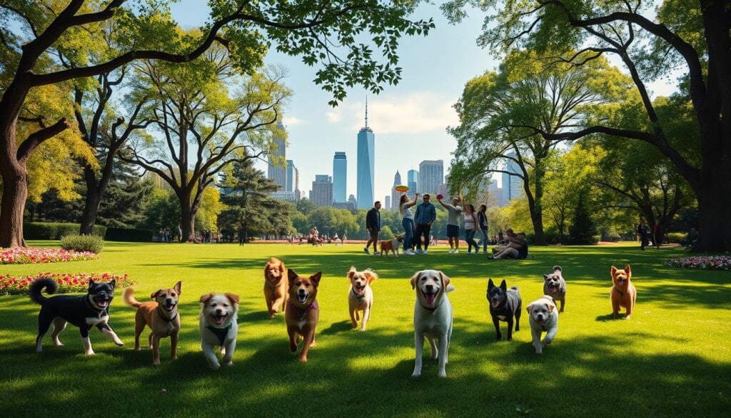 An expansive vista of lush green parks dotted with vibrant flowers, tall trees providing ample shade, and happy pups frolicking on pristine grass. In the foreground, a group of canines of various breeds engage in enthusiastic play, their joyous expressions captured in a soft, natural light. In the middle ground, owners chat and mingle, tossing Frisbees and tennis balls for their furry companions. The background showcases the iconic skylines of major cities, skyscrapers and landmarks framing the idyllic scene. The overall mood is one of warmth, community, and a deep appreciation for the outdoors and the companionship of our beloved canine friends.