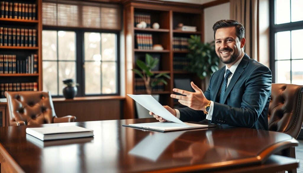 An expertly crafted image of a "Tax Attorney Near Me" showcasing a warm, inviting office setting. In the foreground, a professional-looking tax attorney in a well-tailored suit sits at a mahogany desk, gesturing with a friendly expression as they discuss documents with a client. The middle ground features tasteful, modern decor - bookshelves filled with legal tomes, a plush leather chair, and a potted plant adding a touch of life. The background is bathed in soft, natural lighting filtering in through large windows, creating a sense of openness and approachability. The overall mood conveys trust, expertise, and a commitment to providing exceptional tax law services.