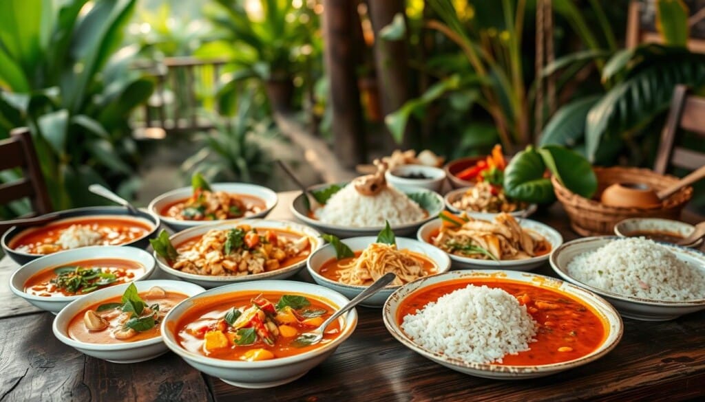 An exquisite feast of top Thai dishes, artfully arranged on a rustic wooden table. In the foreground, steaming plates of fragrant curries, from vibrant red to rich masaman, accompanied by fragrant jasmine rice. In the middle ground, a selection of beloved classics like spicy som tam salad, creamy coconut chicken, and tangy larb. The background features a lush, tropical backdrop, with lush greenery and a hint of golden-hour lighting, creating a warm, inviting atmosphere. The composition is balanced and visually appealing, showcasing the vibrant colors, textures, and flavors of Thailand's culinary delights.