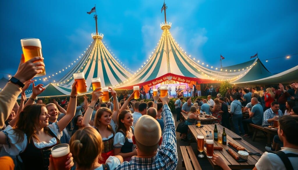 An exuberant Oktoberfest celebration in a traditional Bavarian setting. In the foreground, groups of revelers dressed in dirndls and lederhosen raise their steins of frothy beer, their laughter and cheer filling the air. The middle ground features a bustling beer garden, with long wooden tables and benches occupied by merrymakers savoring sausages, pretzels, and other German delicacies. In the background, a towering, ornately decorated tent hosts a live band playing lively Bavarian music, its warm, golden lighting casting a festive glow over the entire scene. The overall atmosphere is one of joyous, communal celebration, capturing the spirit of this iconic German festival.