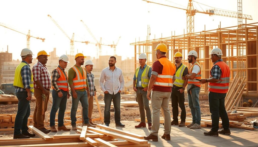 An image of a construction site with a group of diverse local contractors working together to build a new structure. In the foreground, a team of skilled tradespeople - carpenters, electricians, and plumbers - collaborating on the project. In the middle ground, a foreman overseeing the work, providing guidance and direction. In the background, cranes and other heavy machinery, conveying the scale and complexity of the construction. The scene is bathed in warm, golden sunlight, creating a sense of productivity and progress. The mood is one of professionalism, teamwork, and pride in the work being done.